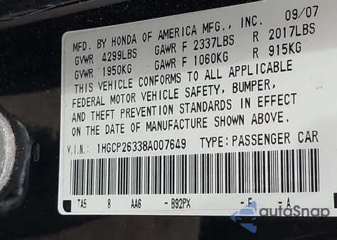 2008 Honda Accord 2.4 Lx z USA, uszkodzony, nr VIN 1HGCP26338A007649